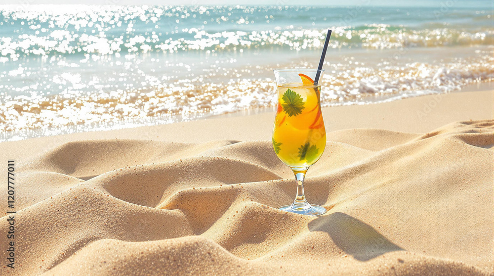 A refreshing cocktail with a straw is placed on a sandy beach near the ocean, surrounded by clear blue water and gentle waves. A refreshing cocktail with a straw is placed on a sandy beach near the ocean, surrounded by clear blue water and gentle waves.