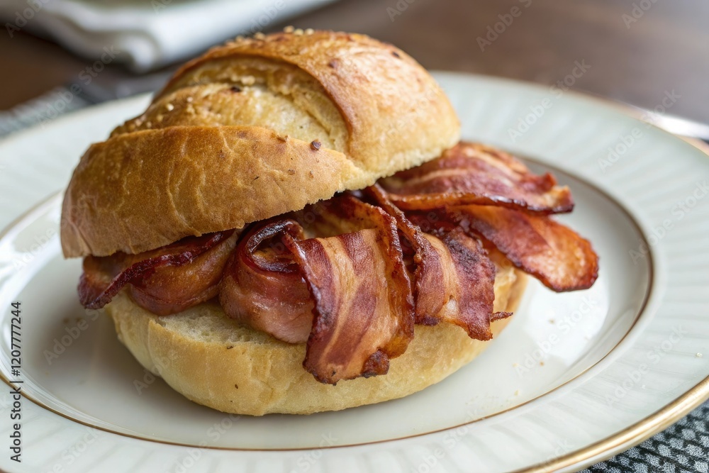 Bacon wrapped around a warm and toasty bread roll on a plate, bread, roll, baked, crispy Bacon wrapped around a warm and toasty bread roll on a plate, bread, roll, baked, crispy