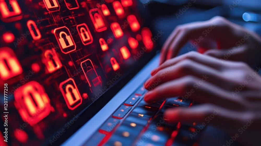 Obraz premium Hands Typing on Laptop with Digital Security Icons in Background