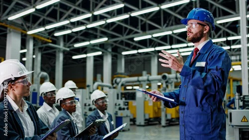 Workers engage in training session at manufacturing facility discussing safety protocols and machinery operation