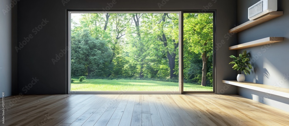 Fototapeta premium Serene Interior Design: Modern Room with Floor to Ceiling Window Showcasing Lush Greenery