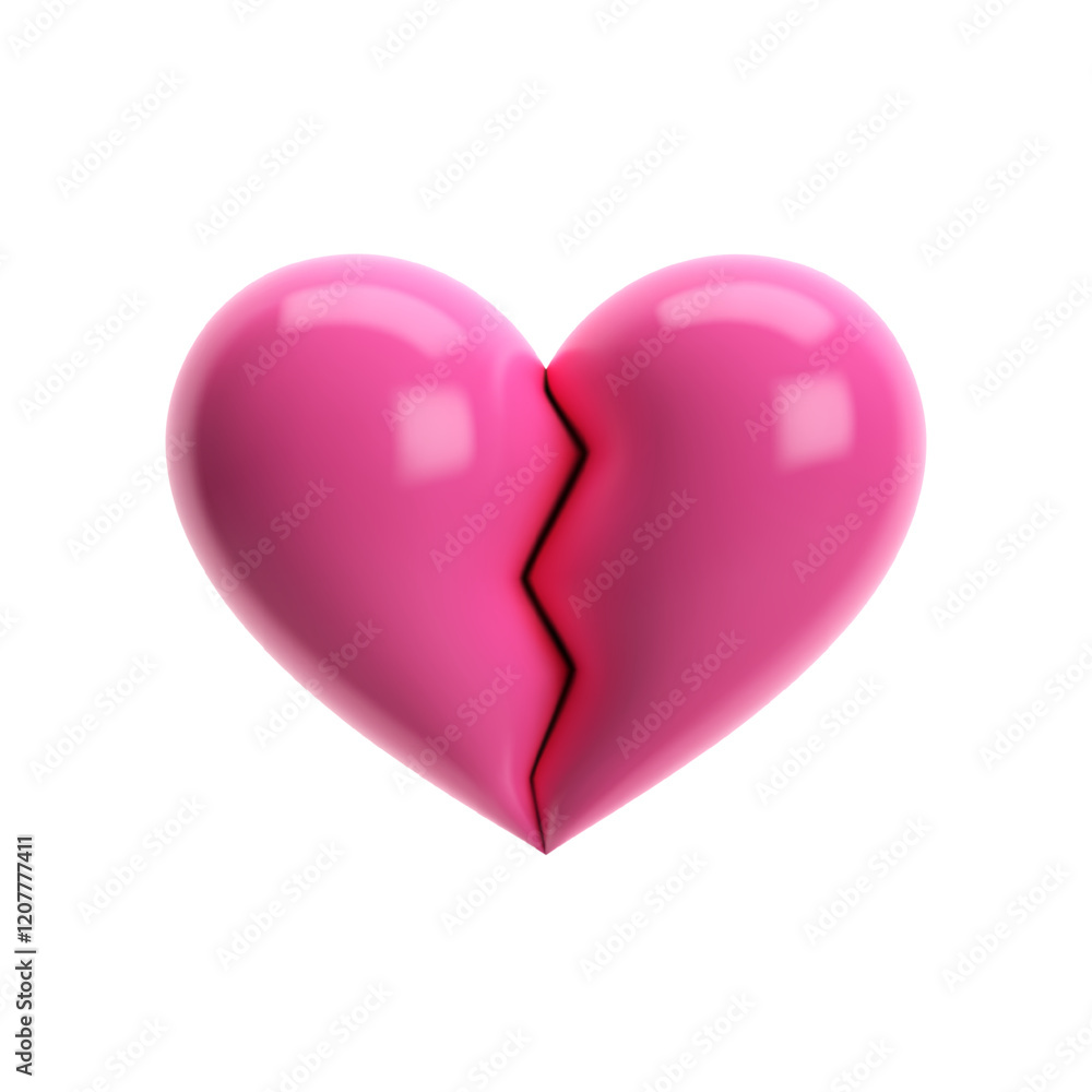 3D pink glossy broken heart with a sharp crack in center. Isolated vector symbolizing heartbreak, sadness, emotional pain. Perfect for Valentine's Day, love, breakup designs, posters, social media 3D pink glossy broken heart with a sharp crack in center. Isolated vector symbolizing heartbreak, sadness, emotional pain. Perfect for Valentine's Day, love, breakup designs, posters, social media