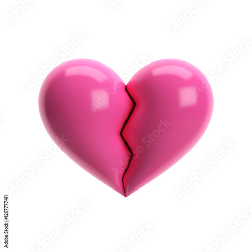 3D pink glossy broken heart with a sharp crack in center. Isolated vector symbolizing heartbreak, sadness, emotional pain. Perfect for Valentine's Day, love, breakup designs, posters, social media