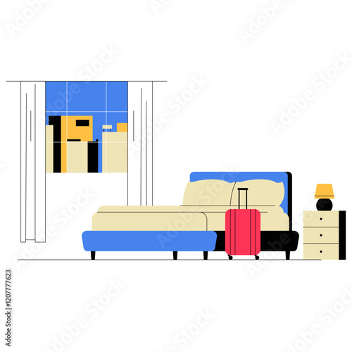 Hotel Room With Bed, Luggage, And Window View In Flat Vector Illustration Symbolizing Accommodation, Hospitality, And Travel Comfort, Isolated On White Background.