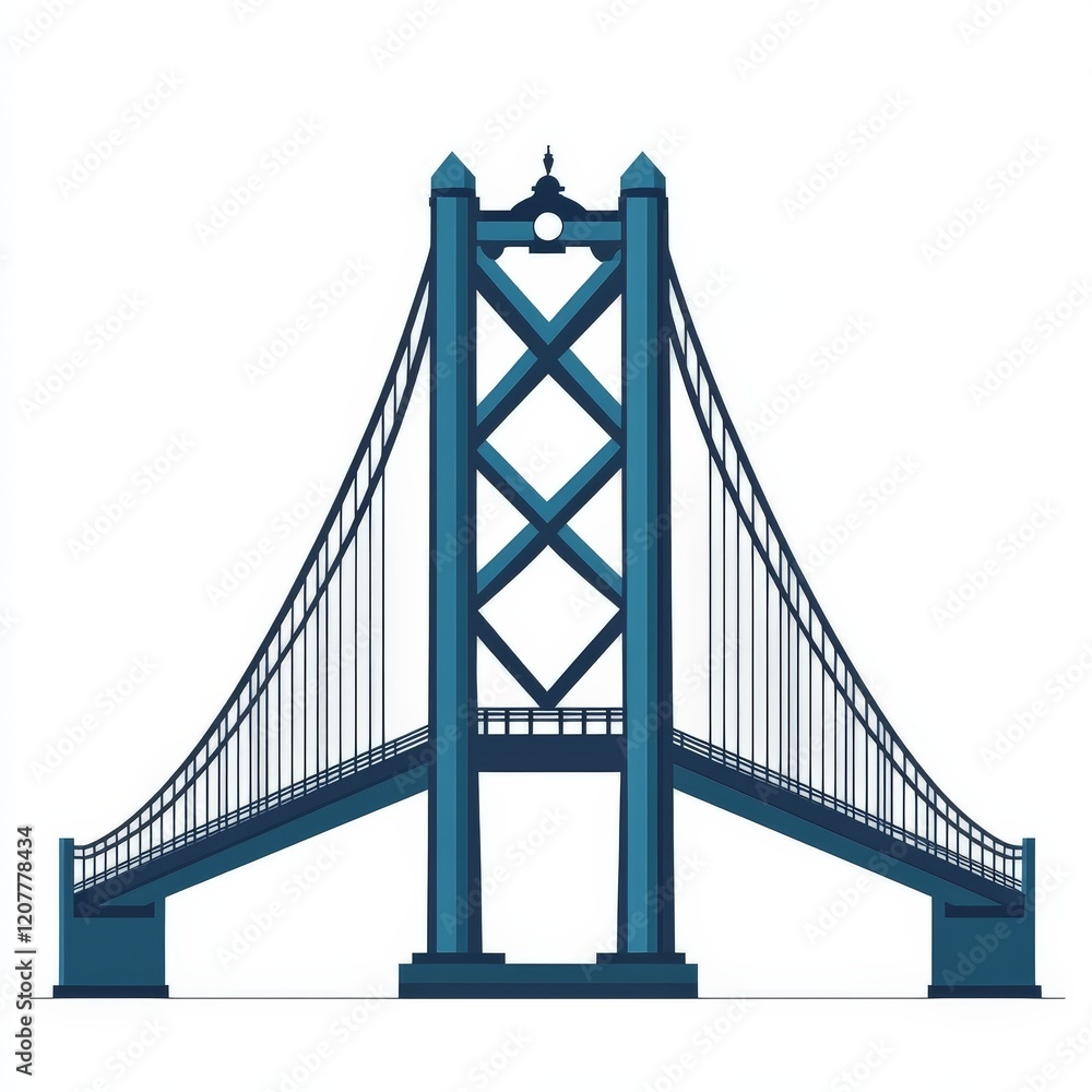 Fototapeta premium Iconic steel suspension bridge with detailed geometric design and deep blue tones against white background, showcasing architectural marvels and engineering precision in premium vector art style