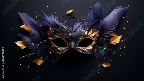 Elegant black and gold masquerade mask with feathers.  Perfect for party invitations