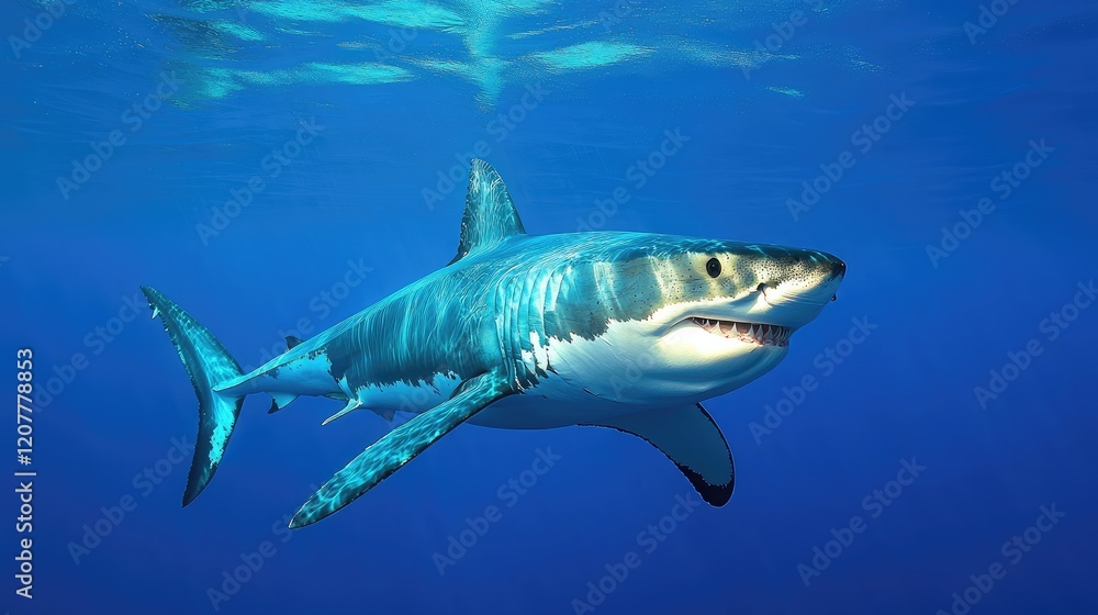 Great white shark gliding gracefully through crystal clear ocean waters showcasing its powerful form and vibrant marine environment Great white shark gliding gracefully through crystal clear ocean waters showcasing its powerful form and vibrant marine environment