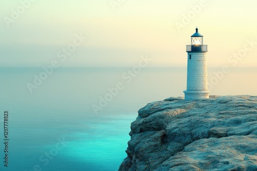 A solitary lighthouse stands tall on a rocky cliff overlooking a serene ocean, its light a beacon of hope. photo