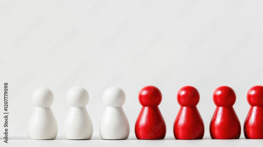 Wooden game pieces in white and red arranged in a line with Copy Space for text placement. Wooden game pieces in white and red arranged in a line with Copy Space for text placement.