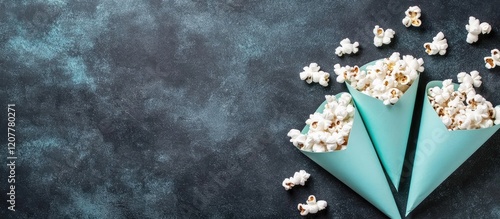 Freshly Popped Popcorn in Textured Turquoise Cones on Dark Slate Chalkboard Surface with Generous Empty Space for Custom Text or Copy photo