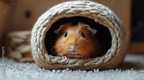 Curious guinea pig peeking from a bed of straw in a cozy enclosure