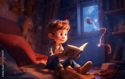 Boy Reading a Book in a Magical Bedroom