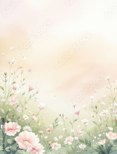 Beautiful watercolor print of dainty flowers in peaceful spring landscape, print, beautiful, dainty, art, peaceful