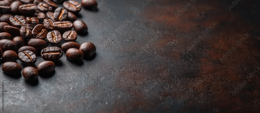 Rich Dark Brown Freshly Roasted Coffee Beans Glinting with Natural Oils on Rustic Textured Background with Empty Copy Space for Text Rich Dark Brown Freshly Roasted Coffee Beans Glinting with Natural Oils on Rustic Textured Background with Empty Copy Space for Text