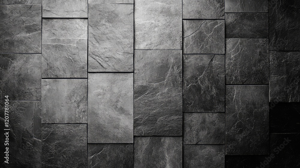 Textured black slate stone wall with varying rectangle tiles arranged in a modern pattern Copy Space Textured black slate stone wall with varying rectangle tiles arranged in a modern pattern Copy Space
