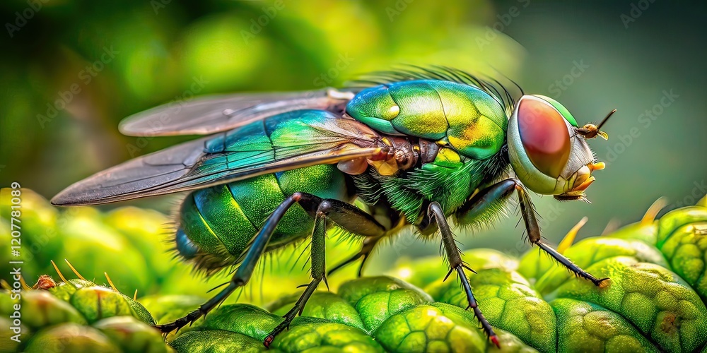 Fototapeta premium Green Bottle Fly on Summer Plant - Realistic AI Photo