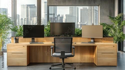 Wooden business interior with glass rooms and opened door, meeting space.