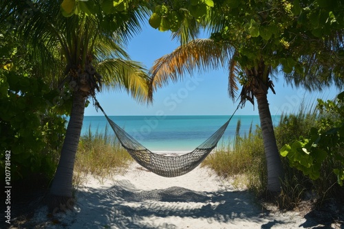 Relaxing hammock between palm trees on a serene beach with clear blue water u...