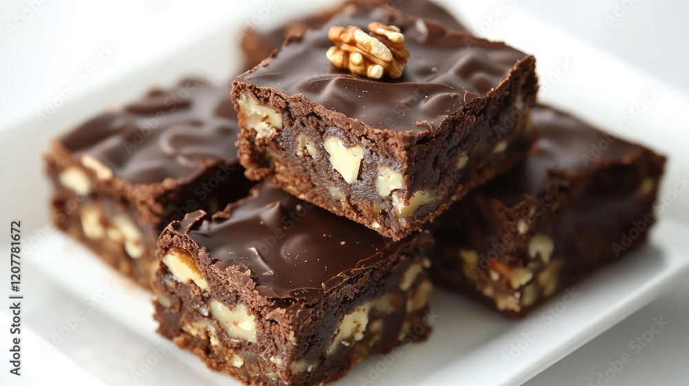 Chocolate walnut brownies on a white plate with Copy Space for text placement Chocolate walnut brownies on a white plate with Copy Space for text placement