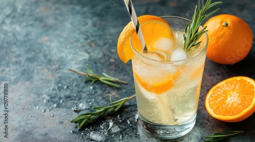 Refreshing hard seltzer cocktail garnished with orange slices and rosemary on textured background with fresh oranges nearby photo