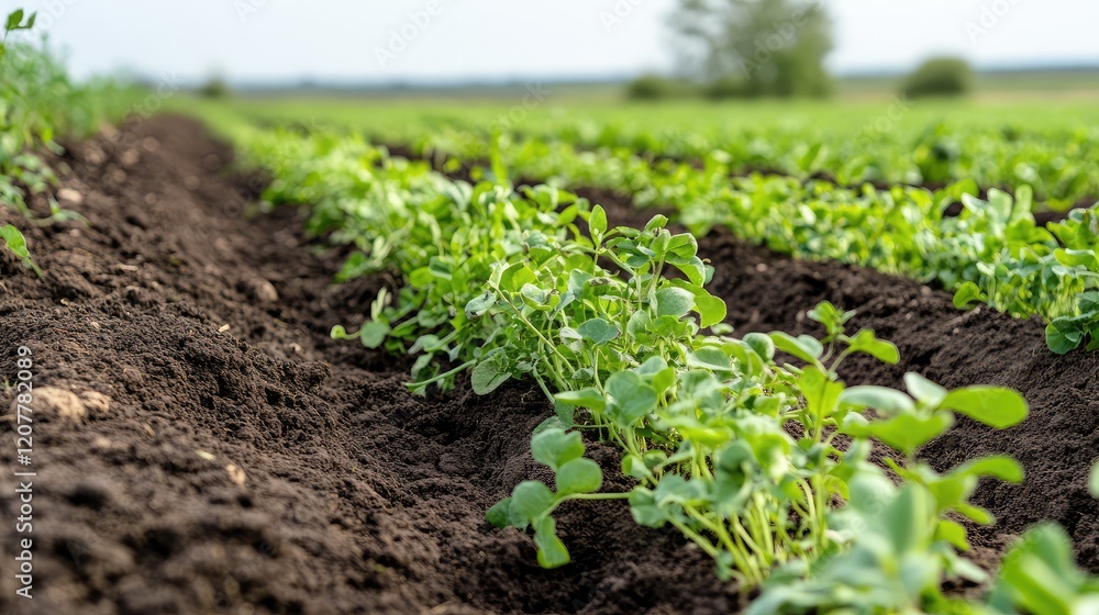 Row of young green plants growing in a farm field with dark fertile soil and a blurred horizon in the background Copy Space Row of young green plants growing in a farm field with dark fertile soil and a blurred horizon in the background Copy Space