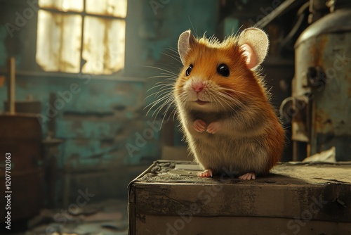 Adorable small hamster looking curiously from a cardboard box by a rustic wall