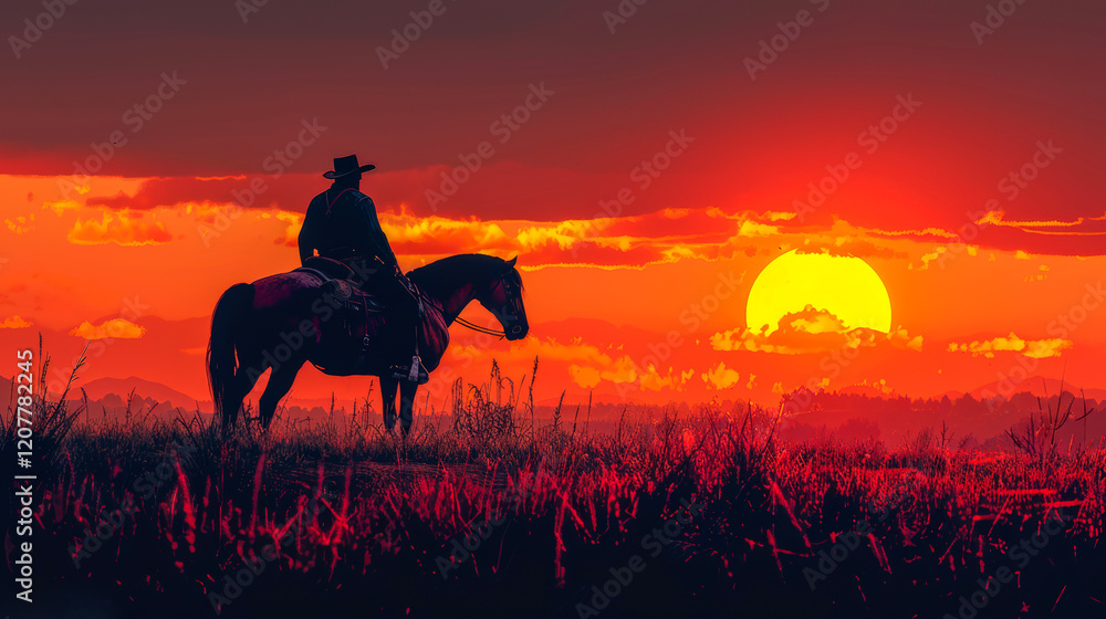Fototapeta premium Silhouette of cowboy sitting on a powerful horse against background of the western prairie. Sunset. Confidence and readiness for action. Sense of the breadth and wildness of the West.