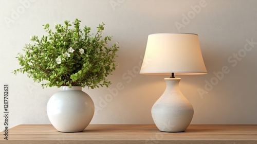 Modern interior decor with a potted plant and a lamp on a wooden table against a neutral wall Copy Space photo