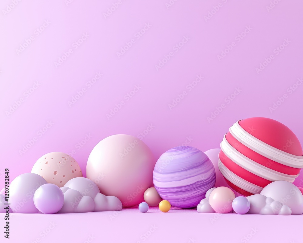 A colorful arrangement of playful spheres and clouds on a pink background. A colorful arrangement of playful spheres and clouds on a pink background.