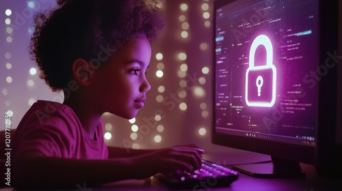 A child using a computer with a glowing padlock HUD overlay, emphasizing the importance of safe internet practices. photo