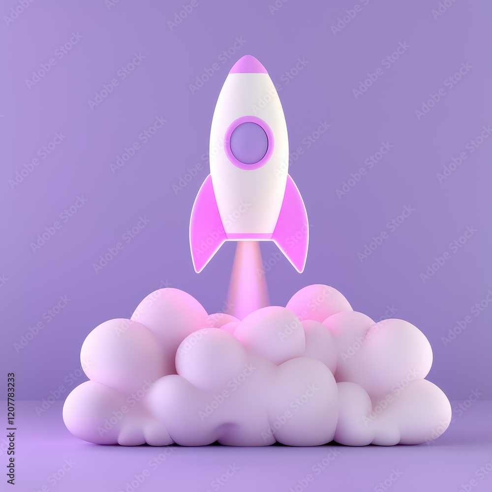 A colorful rocket ship ascending from fluffy clouds against a pastel background. A colorful rocket ship ascending from fluffy clouds against a pastel background.