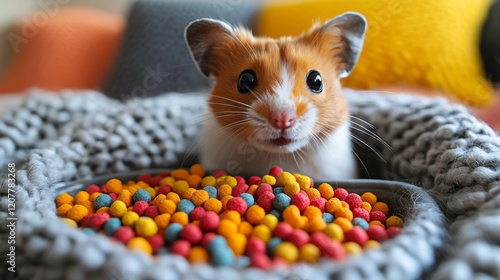 Brightly colored cereal in a bowl on a textured surface in a vibrant kitchen ...