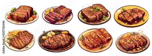 Steak dish. Grilled beef meat on plate with fresh vegetables potatoes garnish, fried food, cookery menu vector illustration