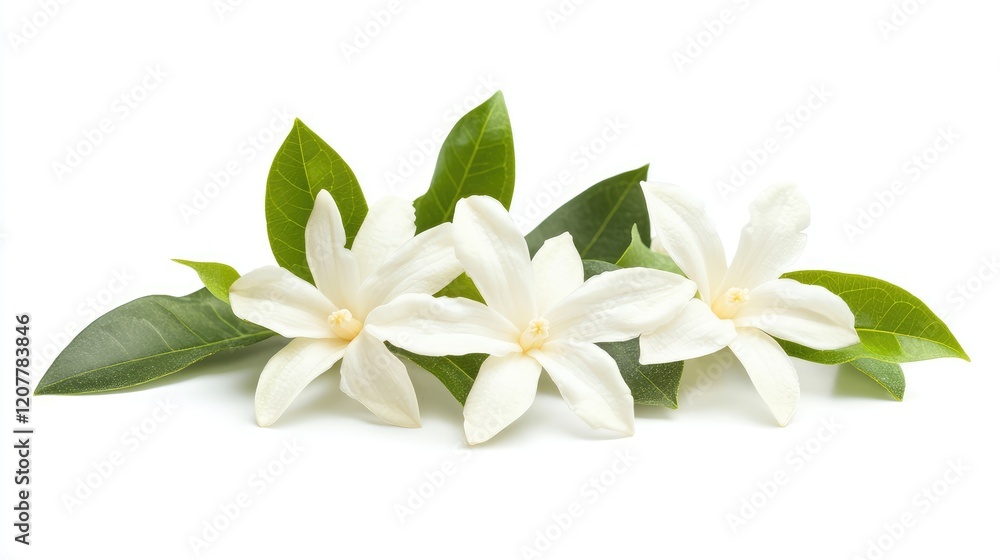 Obraz premium White jasmine flowers with green leaves on a white background Copy Space