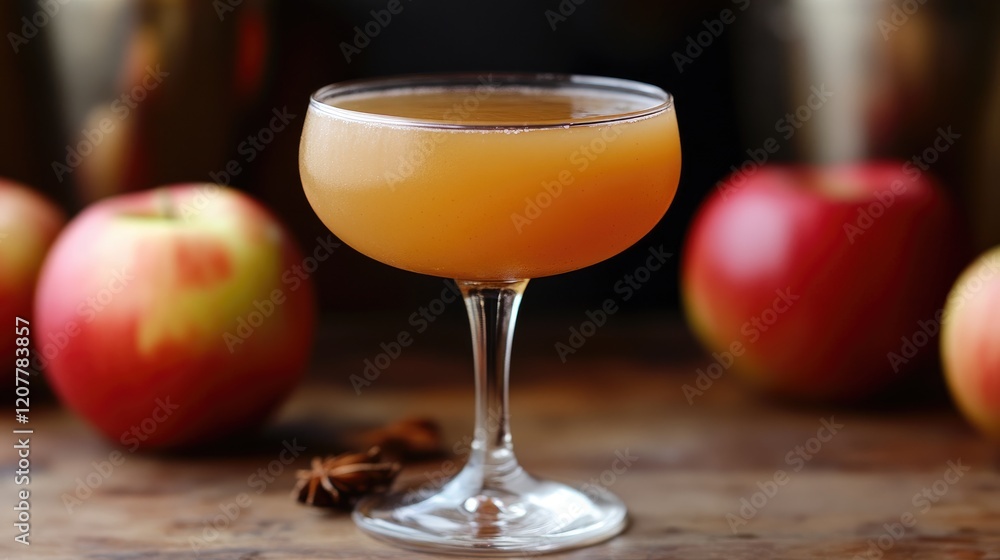 Hard apple cider cocktail garnished with cinnamon cardamom and star anise surrounded by fresh apples on wooden surface Hard apple cider cocktail garnished with cinnamon cardamom and star anise surrounded by fresh apples on wooden surface
