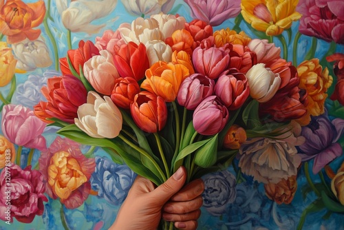 Vibrant hand holding bouquet of diverse tulips against colorful background wi...