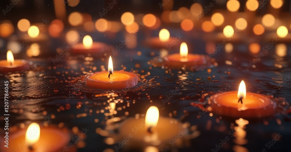 Candle wax pools on the surface, creating a beautiful bokeh effect, soft focus, blurry background, gentle warmth Candle wax pools on the surface, creating a beautiful bokeh effect, soft focus, blurry background, gentle warmth