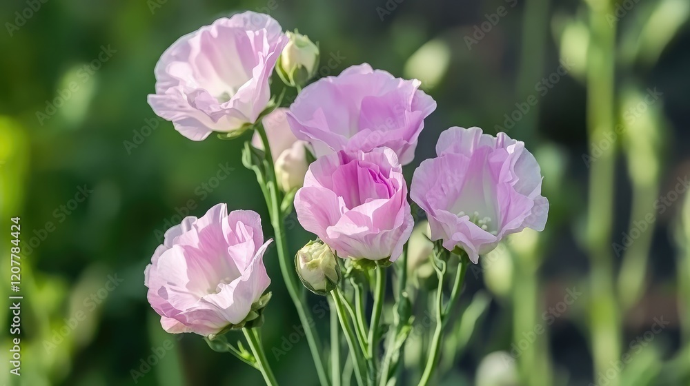 Pink flowering plants with green stems in a garden setting with blurred background and Copy Space for text placement. Pink flowering plants with green stems in a garden setting with blurred background and Copy Space for text placement.