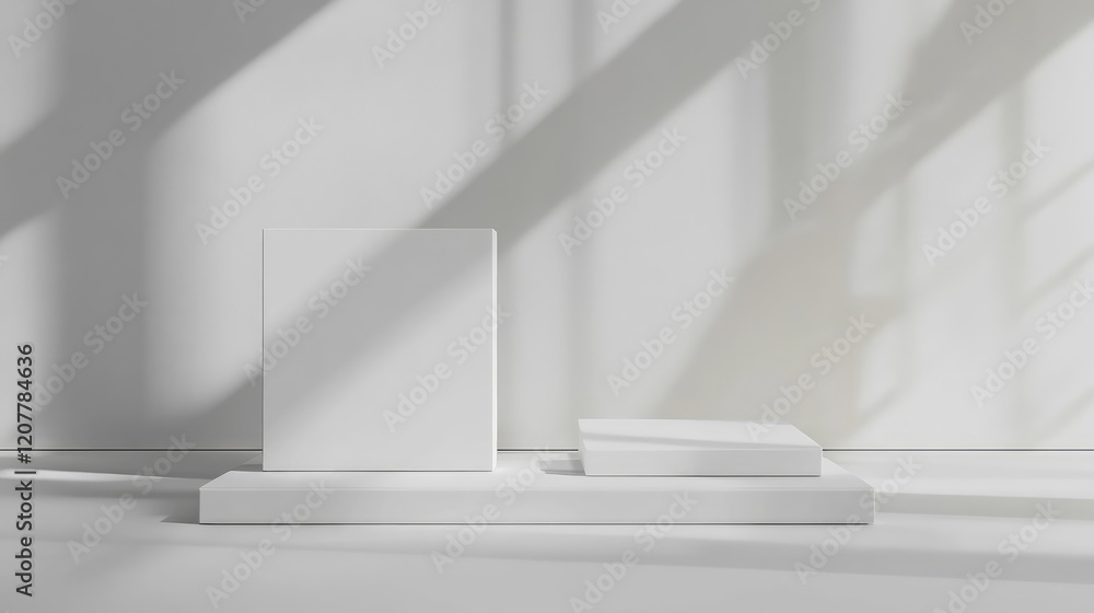 Fototapeta premium Minimalist display of white geometric shapes on a neutral background with soft shadows and Copy Space for text placement.