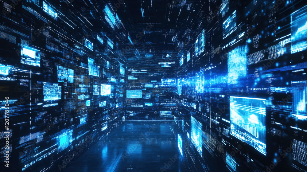 Abstract digital data stream or cyberspace visualization with glowing blue elements and screens. Abstract digital data stream or cyberspace visualization with glowing blue elements and screens.