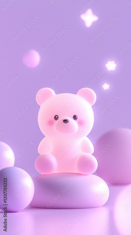 Obraz premium A cute plush bear in pastel colors surrounded by soft, dreamy spheres and stars.