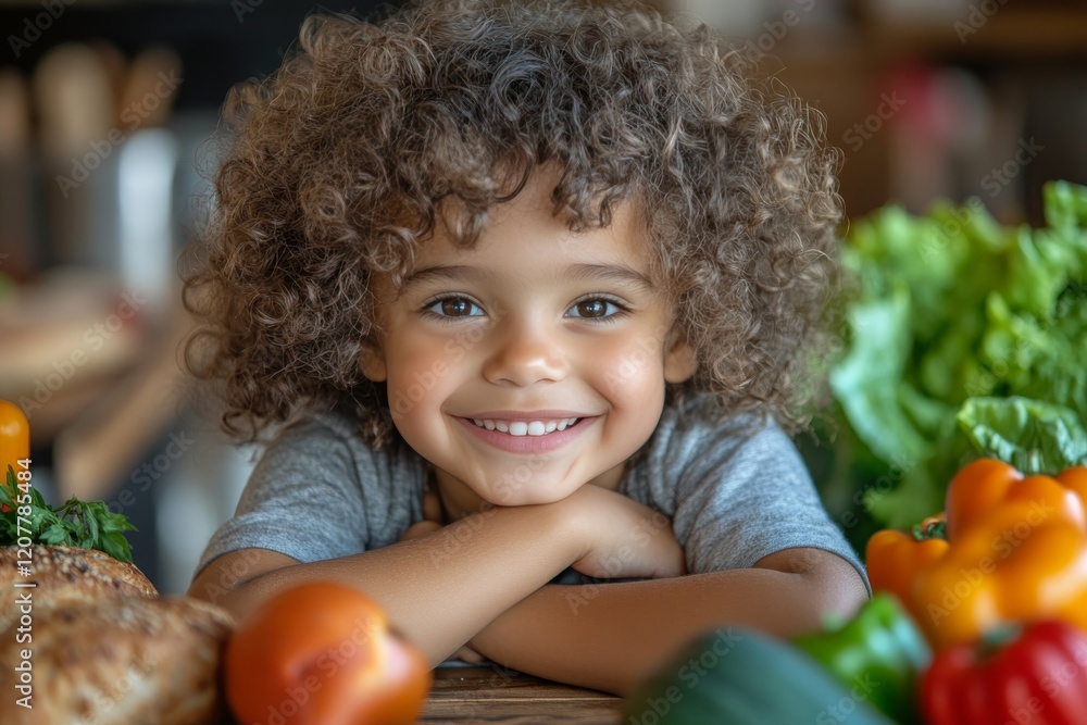 Fototapeta premium Smiling child with curly hair surrounded by fresh produce in a cozy kitchen setting