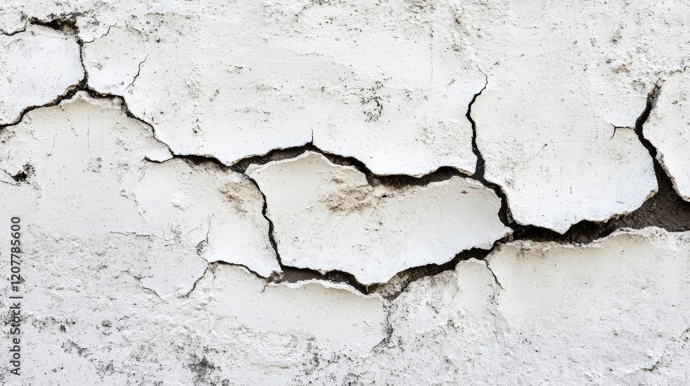 Fototapeta premium Cracked white wall texture background with visible deterioration and peeling paint featuring ample Copy Space for text placement