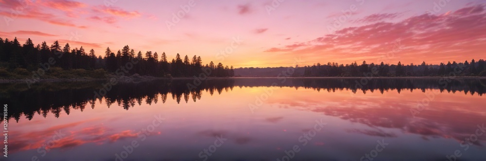 Obraz premium Orange and pink hues of sunset reflected in a calm lake surface, sunset, ripples