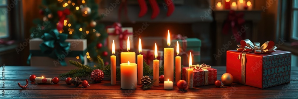Burning candles on a wooden table with festive decorations and presents, soft light, special occasion decor Burning candles on a wooden table with festive decorations and presents, soft light, special occasion decor