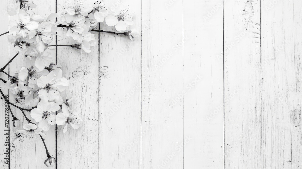White wooden background with cherry blossom flowers arranged on left side and ample copy space for text.