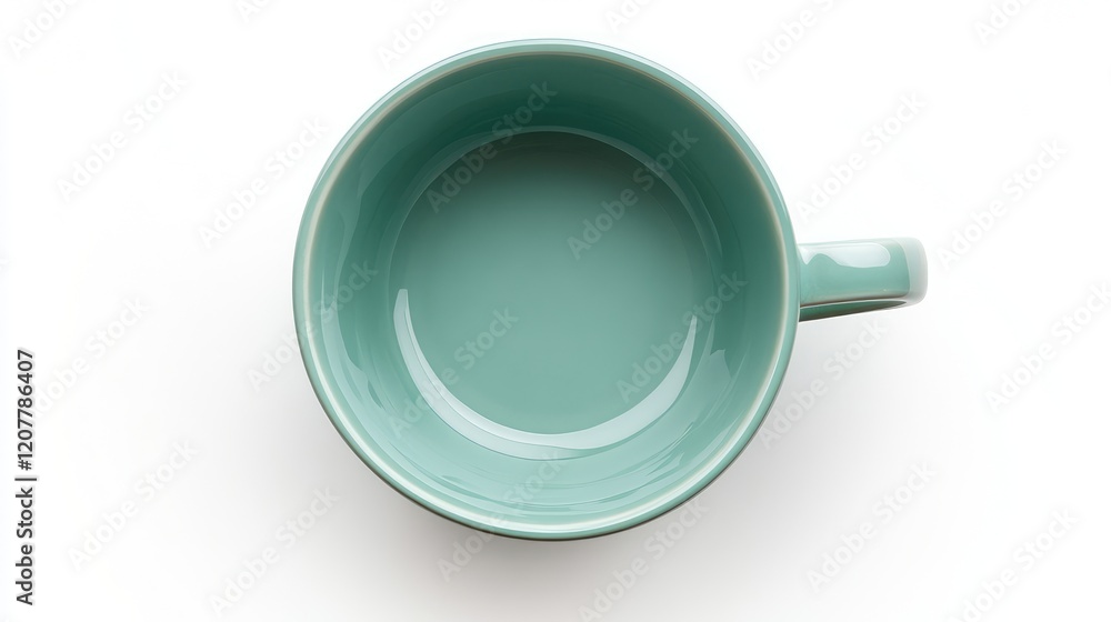 Ceramic teal coffee cup top view with smooth interior surface and handle isolated on white background with Copy Space Ceramic teal coffee cup top view with smooth interior surface and handle isolated on white background with Copy Space