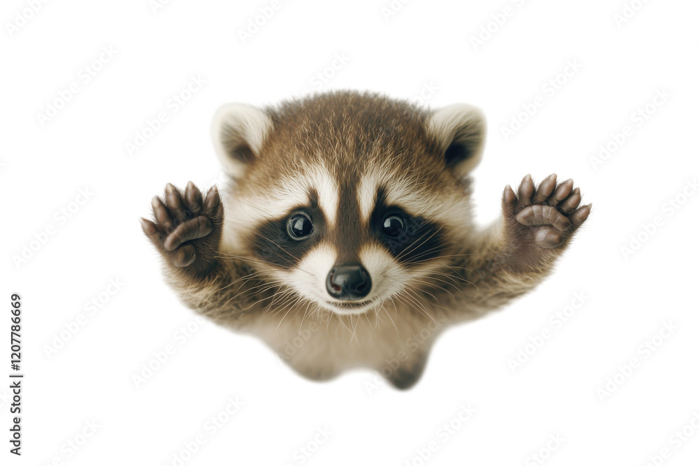Fototapeta premium Adorable baby raccoon with paws outstretched, appearing to melt or drip downwards. Perfect for children's books, websites, or playful designs.