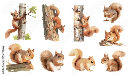 Watercolor squirrel. Cute rodent animal with red fur, wildlife fluffy character poses, nature for children set vector illustration
