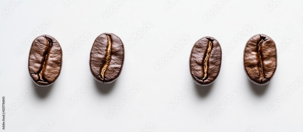 Fototapeta premium Freshly Roasted Arabica Coffee Beans arranged in a row on a clean white background with ample copy space for branding or text presentations.